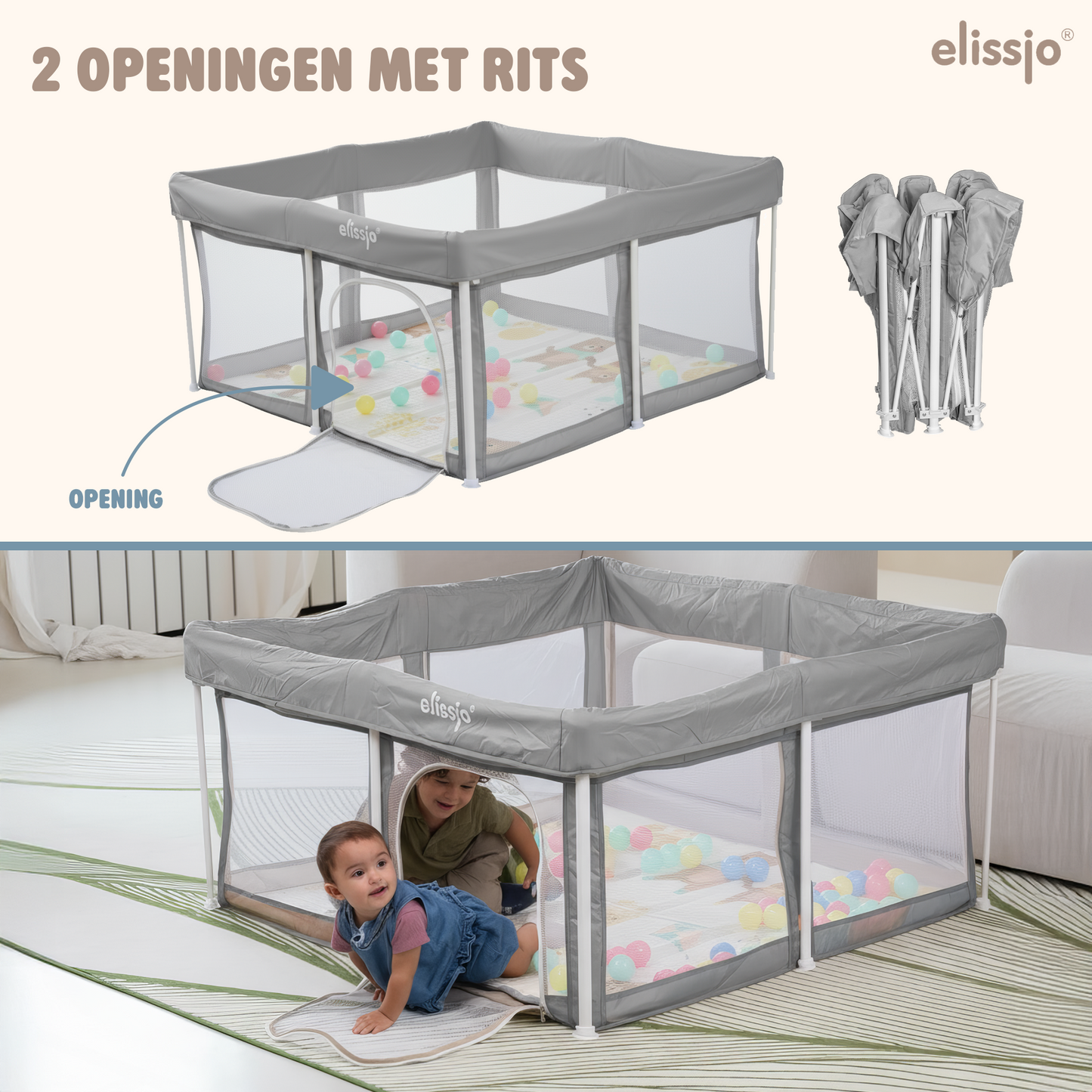 Elissio® - Grondbox Baby - Inklapbare Speelbox met Dubbelzijdige Speelmat & 50 Ballen - Kruipbox - Kinderbox - Playpen Baby - 125x125x65 CM - Beige