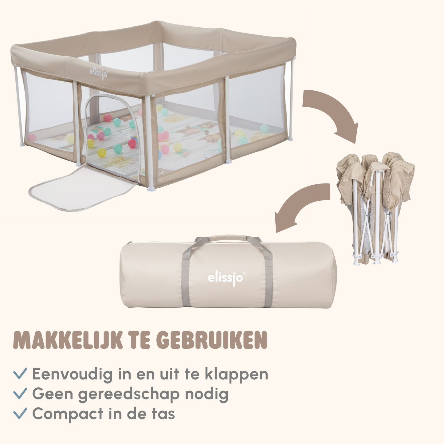 Elissio® Grondbox Inklapbaar 125×125 cm Beige Speelballen Edition