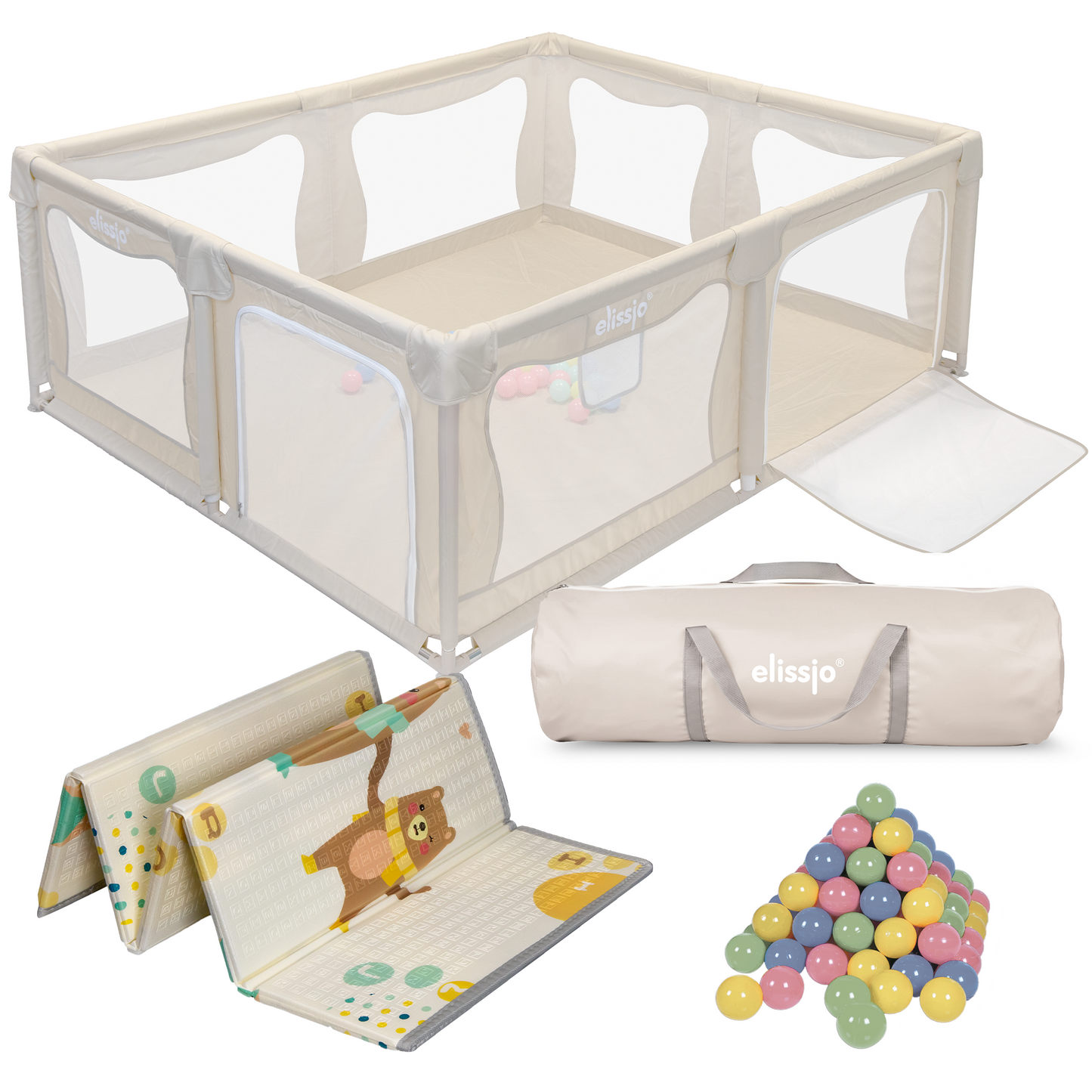Elissio® - Grondbox Baby – Inclusief Dubbelzijdige Speelmat – Baby Speelbox met 50x Speelballen - Kinderbox - Playpen - 180x150 CM - Beige