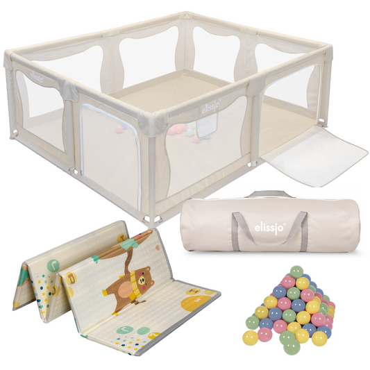 Elissio® - Grondbox Baby – Inclusief Dubbelzijdige Speelmat – Baby Speelbox met 50x Speelballen - Kinderbox - Playpen - 180x150 CM - Beige