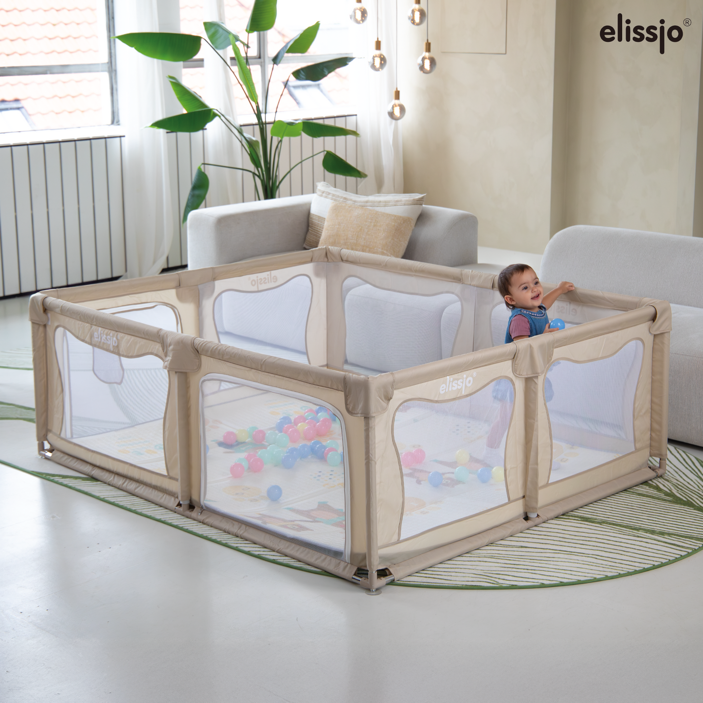 Elissio® - Grondbox Baby – Inclusief Dubbelzijdige Speelmat – Baby Speelbox met 50x Speelballen - Kinderbox - Playpen - 180x150 CM - Beige