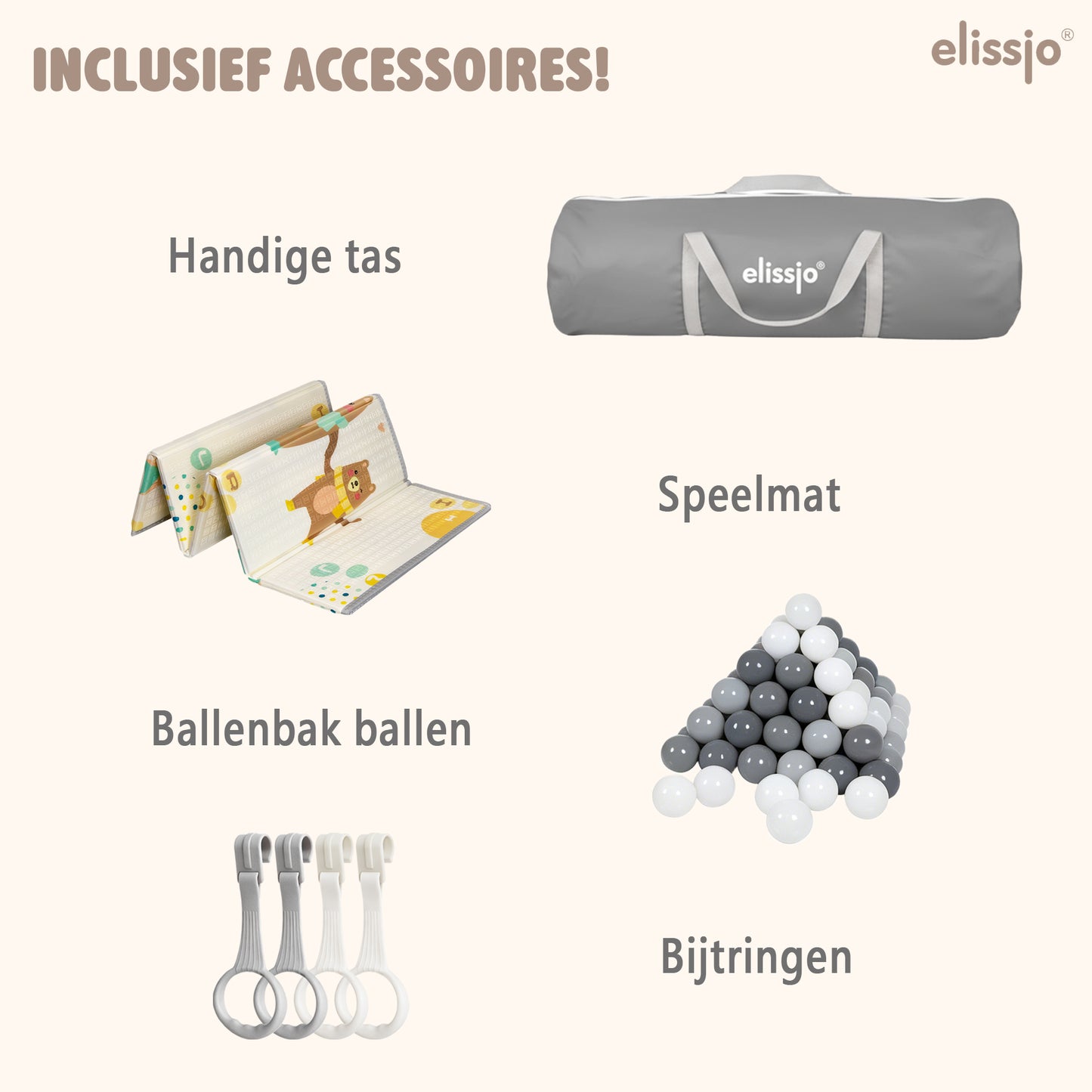 Elissio® Grondbox 180×150 cm Grijs - speelballen Limited edition - inclusief pull rings - zelfmontage