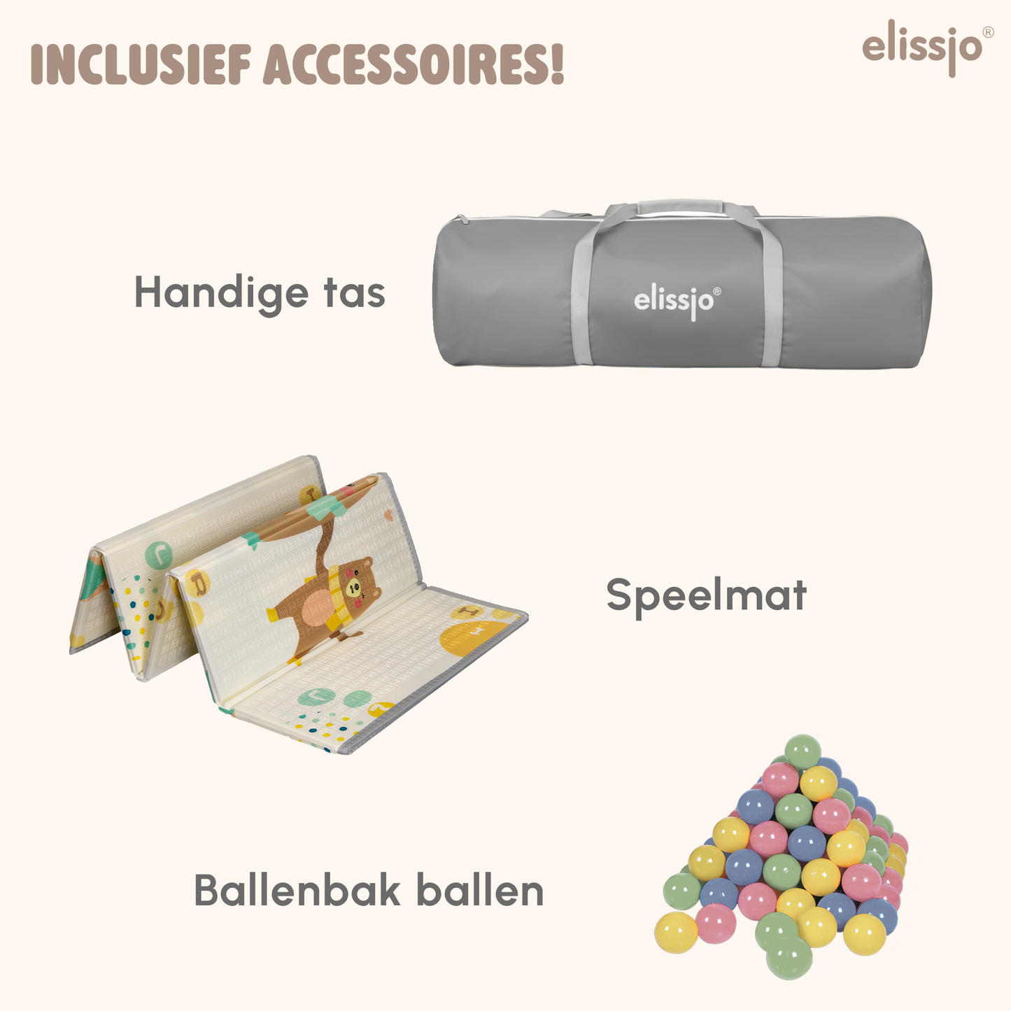 Elissio® - Grondbox Baby - Inklapbare Speelbox met Dubbelzijdige Speelmat & 50 Ballen - Kruipbox - Kinderbox - Playpen Baby - 125x125x65 CM - Beige