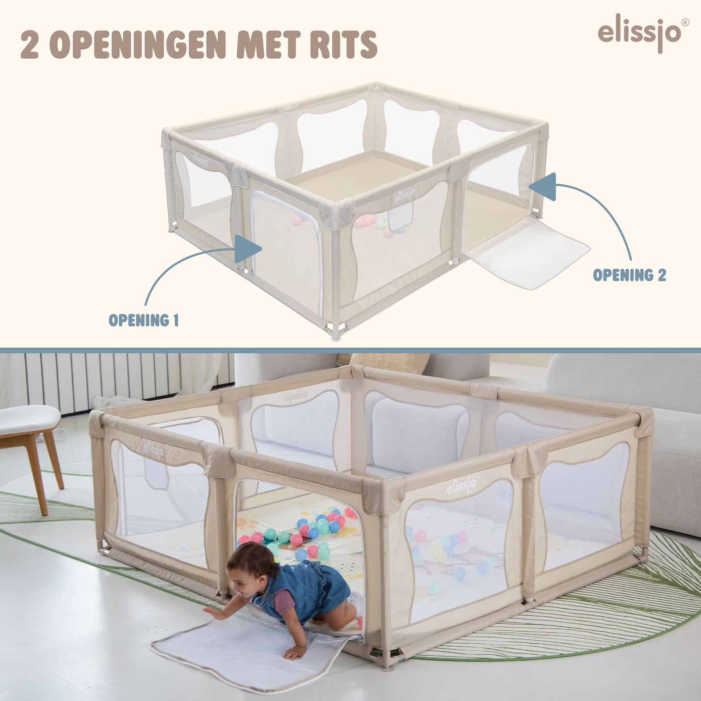 Elissio® - Grondbox Baby – Inclusief Dubbelzijdige Speelmat – Baby Speelbox met 50x Speelballen - Kinderbox - Playpen - 180x150 CM - Beige