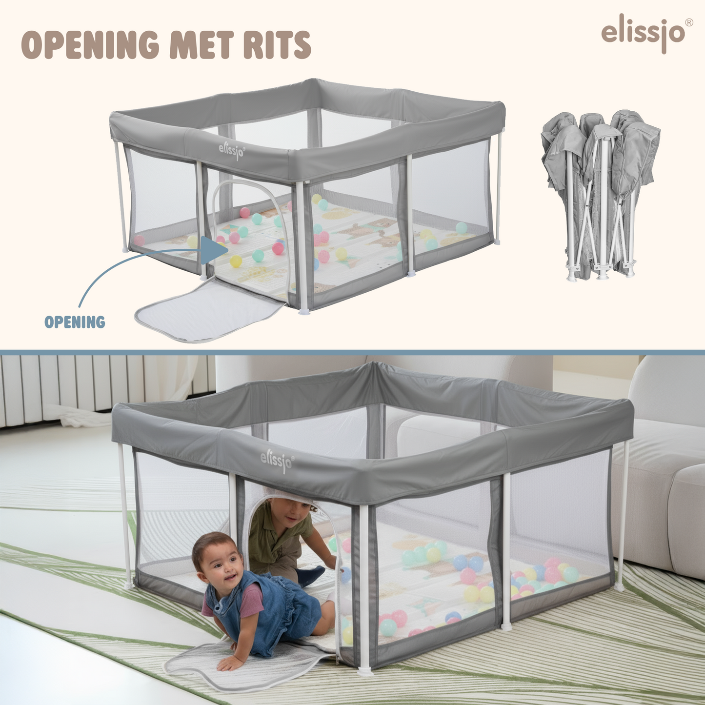 Elissio® Laufstall Klappbar 125×125 cm Grau