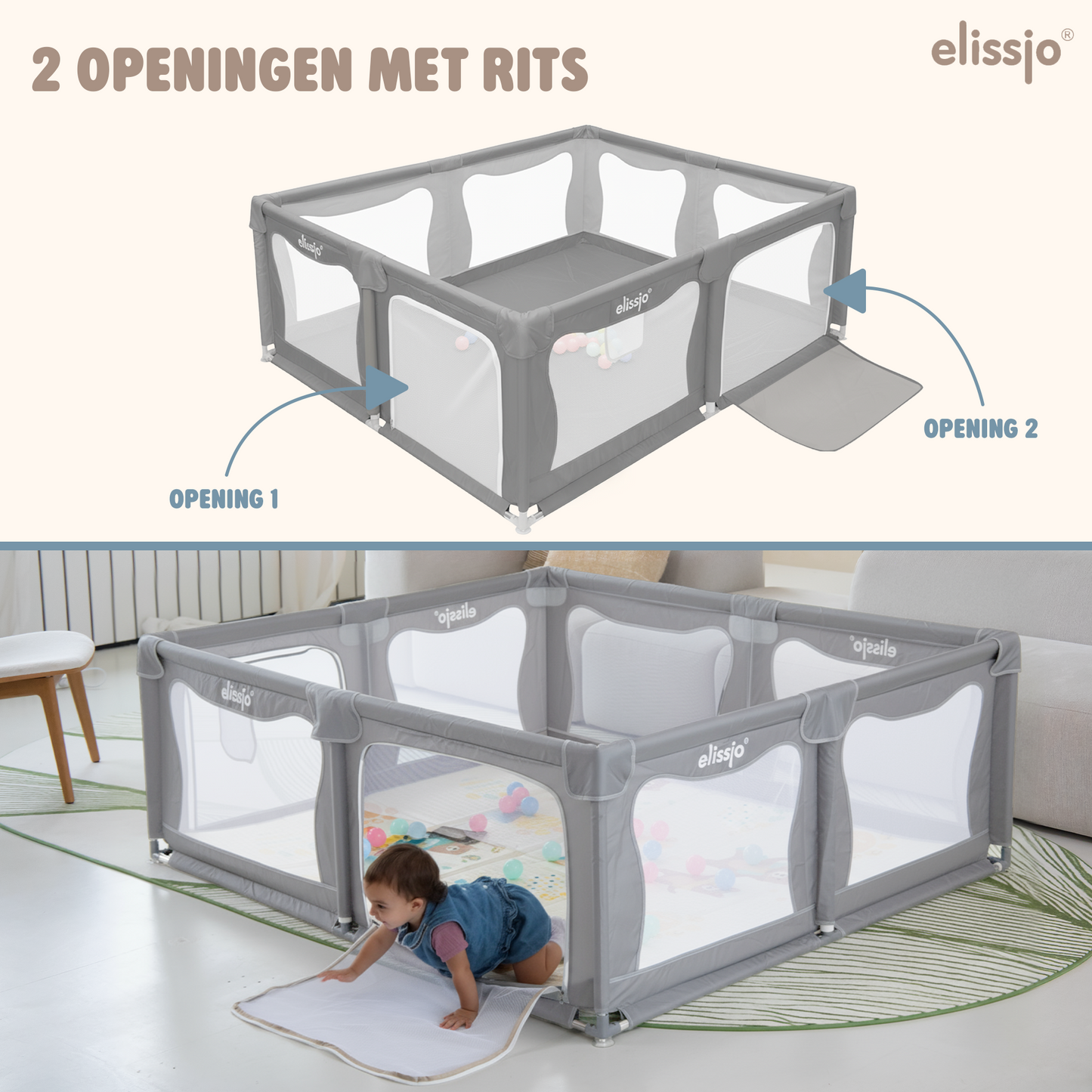 Elissio® - Grondbox Baby – Inclusief Dubbelzijdige Speelmat – Baby Speelbox met 50x Speelballen - Kinderbox - Playpen - 180x150 CM - Beige