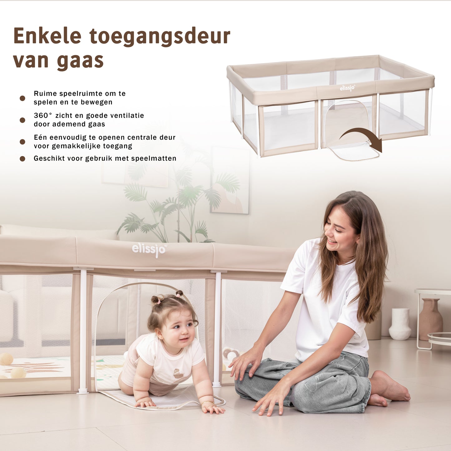 Elissio® Laufstall Klappbar 125×125 cm Beige Spielball-Edition