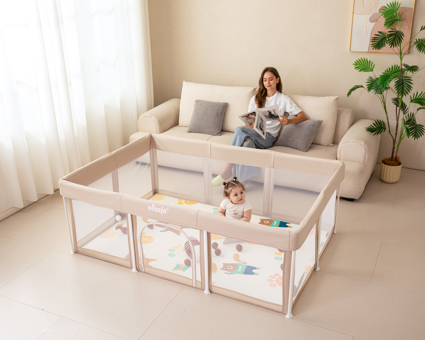 Elissio® Laufstall Klappbar 125×125 cm Beige Spielball-Edition