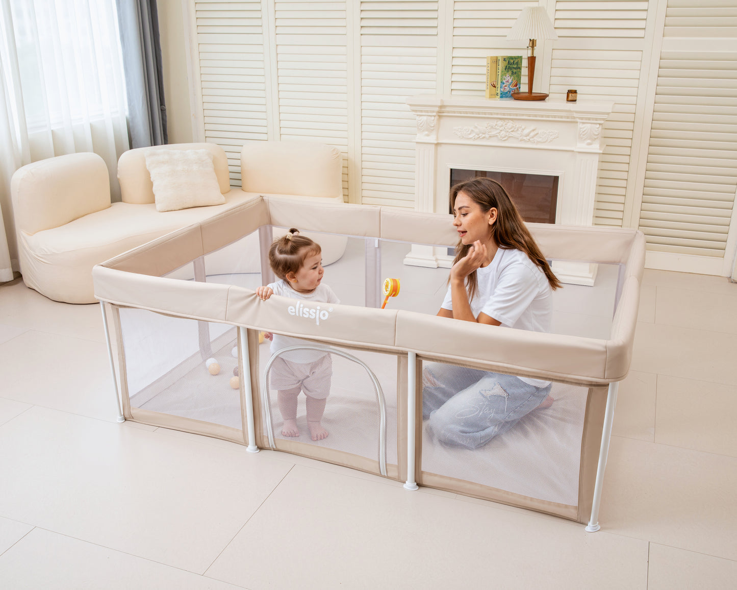 Elissio® Laufstall Klappbar 125×125 cm Beige Spielball-Edition