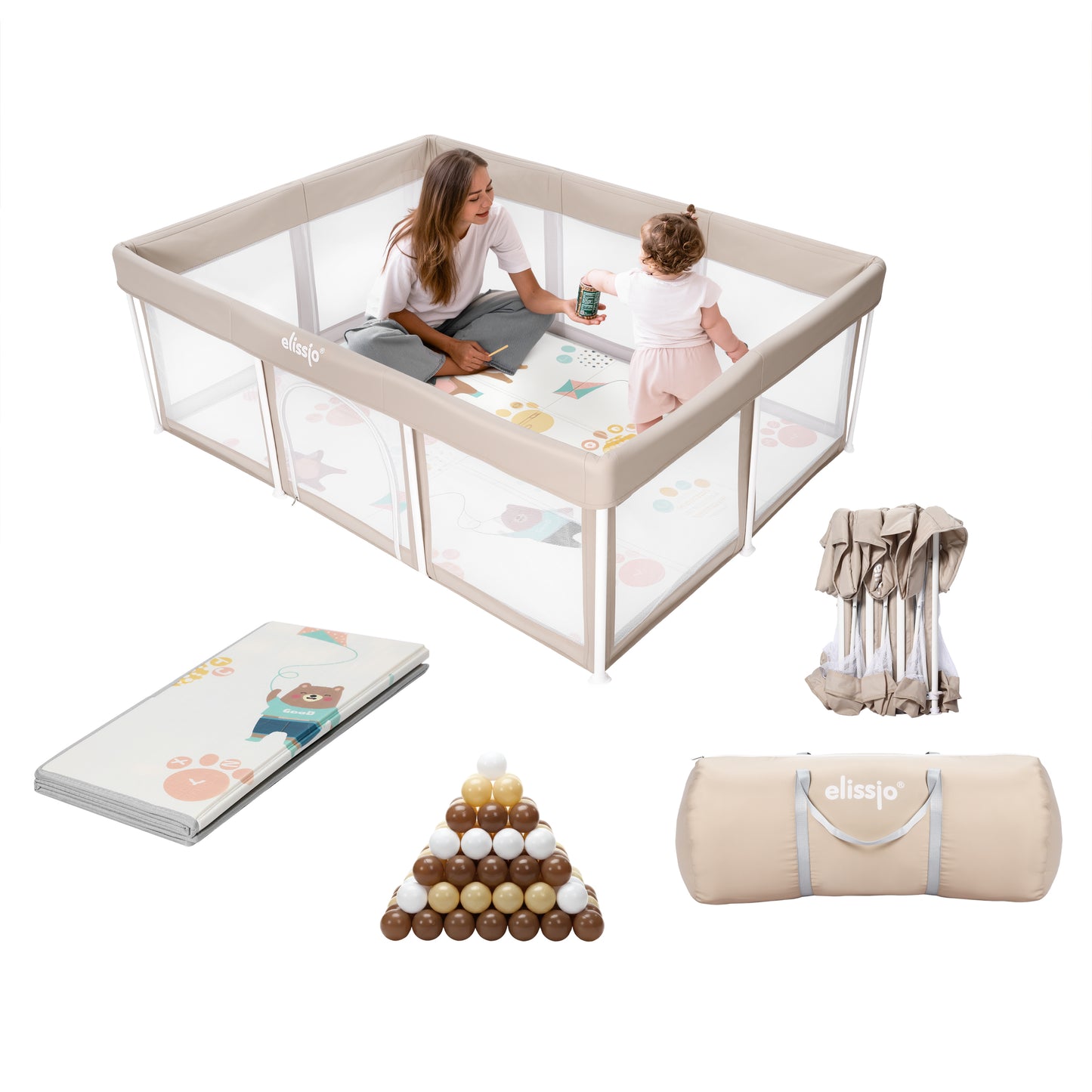 Elissio® Laufstall Klappbar 125×125 cm Beige Spielball-Edition