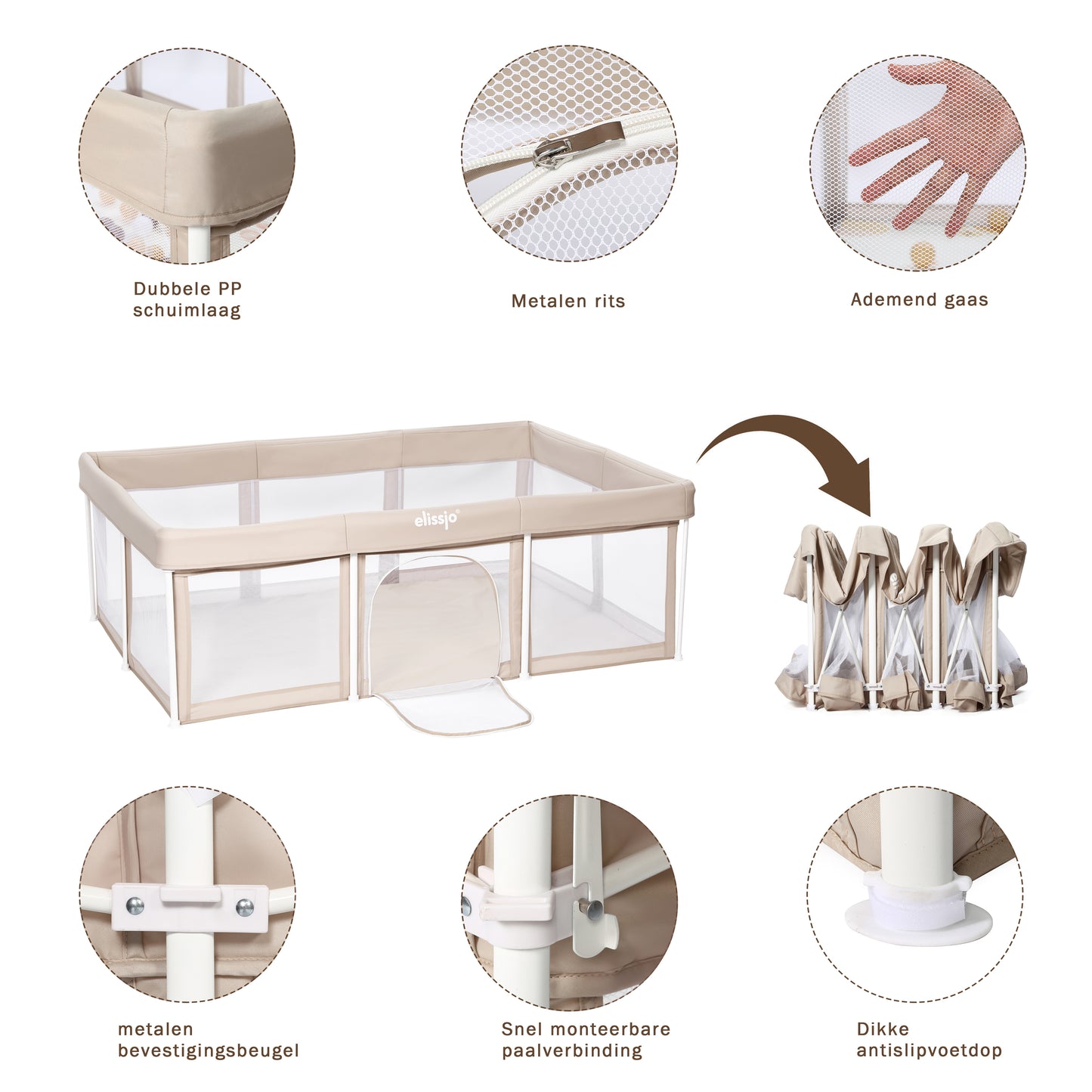Elissio® Laufstall Klappbar 125×125 cm Beige Spielball-Edition