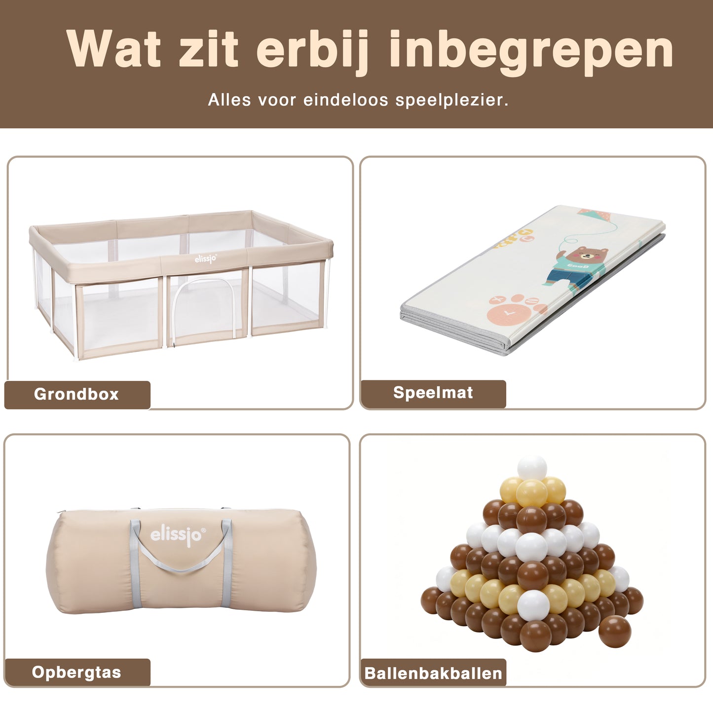 Elissio® Laufstall Klappbar 125×125 cm Beige Spielball-Edition