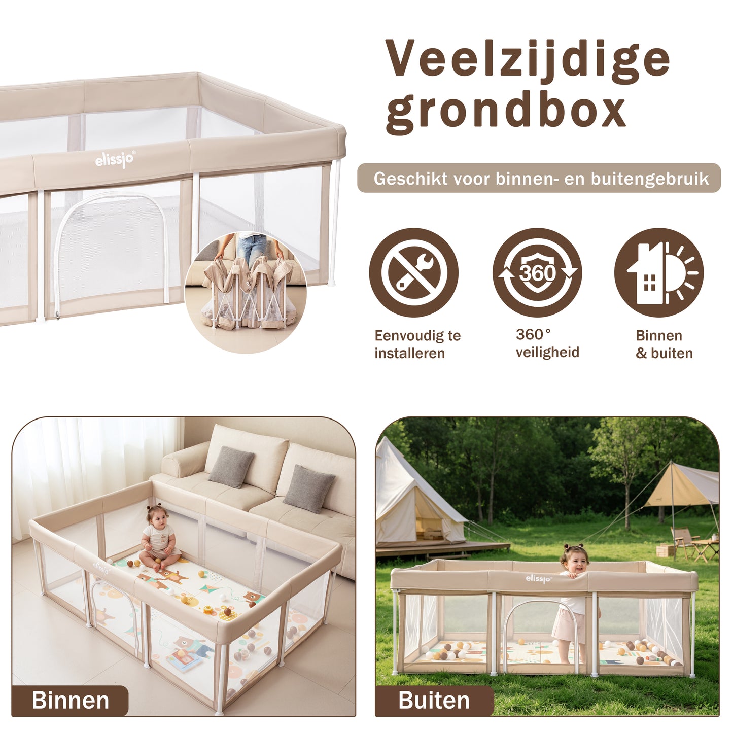 Elissio® Laufstall Klappbar 125×125 cm Beige Spielball-Edition