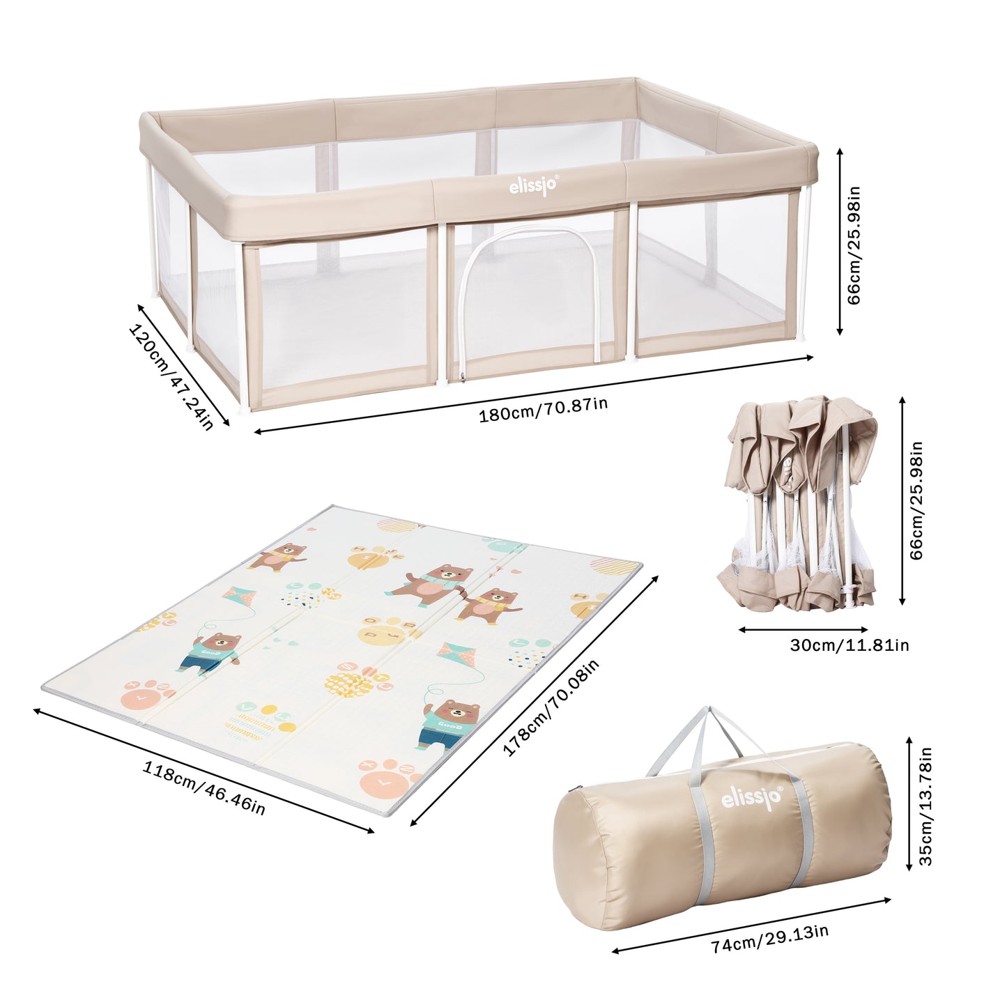Elissio® Laufstall Klappbar 125×125 cm Beige Spielball-Edition